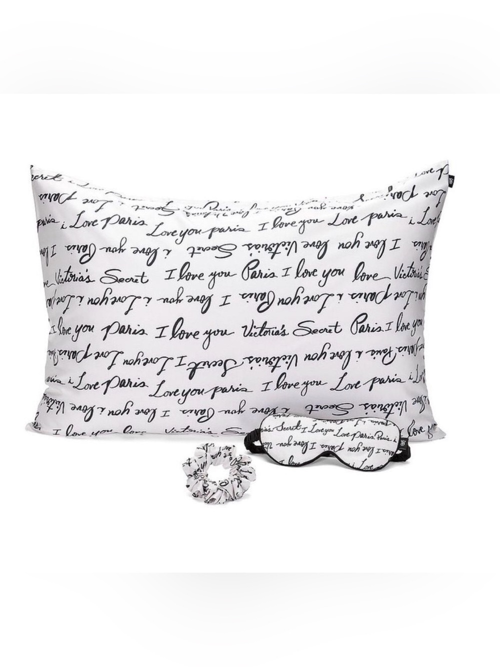 New! Victoria's Secret 3-Piece Satin Accessories Set featuring a white pillowcas